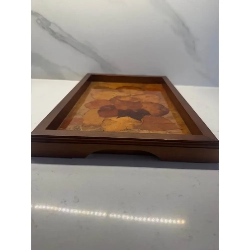 Mid Century Modern 70s Resin Pressed Leaves and Wood Tray